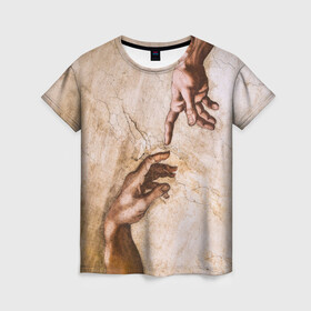 Женская футболка 3D с принтом Микеланджело сотворение Адама в Курске, 100% полиэфир ( синтетическое хлопкоподобное полотно) | прямой крой, круглый вырез горловины, длина до линии бедер | адам | бог | картина | картина микеланджело | микеланджело | микелянджело | рука адама | рука бога | скульптор | скульптор микеланджело | сотворение адама