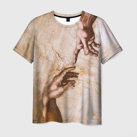 Мужская футболка 3D с принтом Микеланджело сотворение Адама в Курске, 100% полиэфир | прямой крой, круглый вырез горловины, длина до линии бедер | адам | бог | картина | картина микеланджело | микеланджело | микелянджело | рука адама | рука бога | скульптор | скульптор микеланджело | сотворение адама