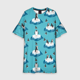 Детское платье 3D с принтом Пингвины в Курске, 100% полиэстер | прямой силуэт, чуть расширенный к низу. Круглая горловина, на рукавах — воланы | Тематика изображения на принте: море | морские | океан | пингвин | пингвинчик | пингвины | плавники акул
