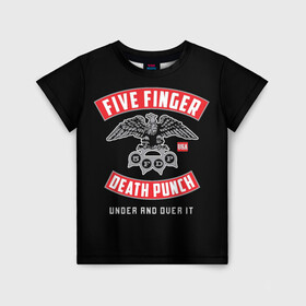 Детская футболка 3D с принтом Five Finger Death Punch (5FDP) в Курске, 100% гипоаллергенный полиэфир | прямой крой, круглый вырез горловины, длина до линии бедер, чуть спущенное плечо, ткань немного тянется | 5fdp | america | death | ffdp | finger | five | hard | metal | music | punch | rock | skull | states | united | usa | америка | метал | музыка | рок | сша | хард | череп