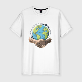 Мужская футболка хлопок Slim с принтом Мир и Любовь в Курске, 92% хлопок, 8% лайкра | приталенный силуэт, круглый вырез ворота, длина до линии бедра, короткий рукав | love | peace | world | дружба | земля