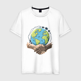 Мужская футболка хлопок с принтом Мир и Любовь в Курске, 100% хлопок | прямой крой, круглый вырез горловины, длина до линии бедер, слегка спущенное плечо. | love | peace | world | дружба | земля