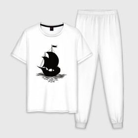 Мужская пижама хлопок с принтом Очертание корабля в Курске, 100% хлопок | брюки и футболка прямого кроя, без карманов, на брюках мягкая резинка на поясе и по низу штанин
 | ships | whale | кит | киты | корабли | кораблики | море | морские | морское