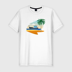 Мужская футболка хлопок Slim с принтом Яхта и пляж в Курске, 92% хлопок, 8% лайкра | приталенный силуэт, круглый вырез ворота, длина до линии бедра, короткий рукав | корабль | море | морское | пальма | пляж | судно | яхта | яхты