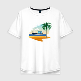 Мужская футболка хлопок Oversize с принтом Яхта и пляж в Курске, 100% хлопок | свободный крой, круглый ворот, “спинка” длиннее передней части | корабль | море | морское | пальма | пляж | судно | яхта | яхты