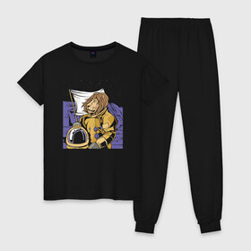 Женская пижама хлопок с принтом Космический Лев Космонавт в Курске, 100% хлопок | брюки и футболка прямого кроя, без карманов, на брюках мягкая резинка на поясе и по низу штанин | Тематика изображения на принте: astronaut | cosmonaut | landscape | lev | lion | moon | space lion | астронавт на луне | большая киса | большая кошка | большие кошки | в космосе | гордый лев | грива | знак зодиака лев | зодиак | лев на луне | лев с гривой | лёва
