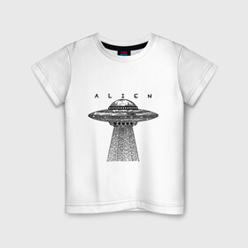 Детская футболка хлопок с принтом Alien в Курске, 100% хлопок | круглый вырез горловины, полуприлегающий силуэт, длина до линии бедер | гравюра | графика | инопланетный корабль | космический корабль | космос | летающая тарелка | пришельцы | чёрно белый