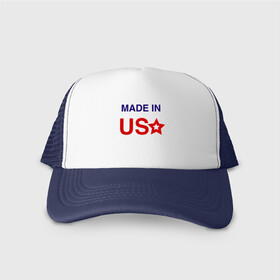 Кепка тракер с сеткой с принтом Made in usa в Курске, трикотажное полотно; задняя часть — сетка | длинный козырек, универсальный размер, пластиковая застежка | Тематика изображения на принте: made in usa | usa | америка | звезда | сша