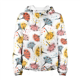 Женская куртка 3D с принтом Абстрактные цветы одуванчики в Курске, ткань верха — 100% полиэстер, подклад — флис | прямой крой, подол и капюшон оформлены резинкой с фиксаторами, два кармана без застежек по бокам, один большой потайной карман на груди. Карман на груди застегивается на липучку | летний | одуванчик | разноцветный | цветы