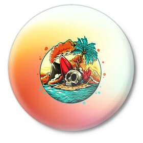 Значок с принтом Необитаемый остров в Курске,  металл | круглая форма, металлическая застежка в виде булавки | арт | вулкан | графика | лето | море | пальмы | череп