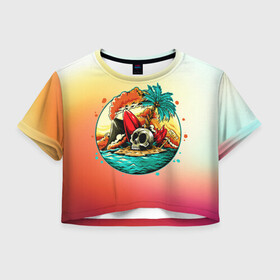 Женская футболка Crop-top 3D с принтом Необитаемый остров в Курске, 100% полиэстер | круглая горловина, длина футболки до линии талии, рукава с отворотами | арт | вулкан | графика | лето | море | пальмы | череп
