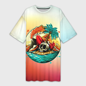 Платье-футболка 3D с принтом Необитаемый остров в Курске,  |  | арт | вулкан | графика | лето | море | пальмы | череп