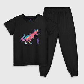 Детская пижама хлопок с принтом Динозавр на поводке в Курске, 100% хлопок |  брюки и футболка прямого кроя, без карманов, на брюках мягкая резинка на поясе и по низу штанин
 | Тематика изображения на принте: art | dino | dinosaur | dinosaurus | neon | roar | t rex | t rex merch | арт | детский рисунок | динозавр мерч | иллюстрация | неон | рекс | рисунок динозавра | рычащий динозавр | страшные динозавры | т рекс | тираннозавр