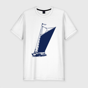 Мужская футболка хлопок Slim с принтом Парусная лодка синяя в Курске, 92% хлопок, 8% лайкра | приталенный силуэт, круглый вырез ворота, длина до линии бедра, короткий рукав | sailboat | кораблик | корабль | лодка | парус | парусная лодка | тату | татуировка