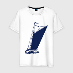 Мужская футболка хлопок с принтом Парусная лодка синяя в Курске, 100% хлопок | прямой крой, круглый вырез горловины, длина до линии бедер, слегка спущенное плечо. | sailboat | кораблик | корабль | лодка | парус | парусная лодка | тату | татуировка