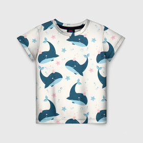 Детская футболка 3D с принтом Киты в Курске, 100% гипоаллергенный полиэфир | прямой крой, круглый вырез горловины, длина до линии бедер, чуть спущенное плечо, ткань немного тянется | whale | белый кит | кит | киты | корабли | кораблики | маяк | морские | паттерн | синий кит | чайки