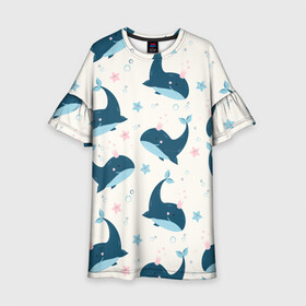 Детское платье 3D с принтом Киты в Курске, 100% полиэстер | прямой силуэт, чуть расширенный к низу. Круглая горловина, на рукавах — воланы | whale | белый кит | кит | киты | корабли | кораблики | маяк | морские | паттерн | синий кит | чайки