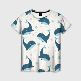 Женская футболка 3D с принтом Киты в Курске, 100% полиэфир ( синтетическое хлопкоподобное полотно) | прямой крой, круглый вырез горловины, длина до линии бедер | whale | белый кит | кит | киты | корабли | кораблики | маяк | морские | паттерн | синий кит | чайки