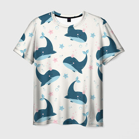 Мужская футболка 3D с принтом Киты в Курске, 100% полиэфир | прямой крой, круглый вырез горловины, длина до линии бедер | whale | белый кит | кит | киты | корабли | кораблики | маяк | морские | паттерн | синий кит | чайки