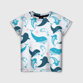 Детская футболка 3D с принтом Киты и тюлени в Курске, 100% гипоаллергенный полиэфир | прямой крой, круглый вырез горловины, длина до линии бедер, чуть спущенное плечо, ткань немного тянется | whale | белый кит | кит | киты | корабли | кораблики | маяк | морские | паттерн | синий кит | чайки