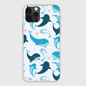 Чехол для iPhone 12 Pro с принтом Киты и тюлени в Курске, силикон | область печати: задняя сторона чехла, без боковых панелей | Тематика изображения на принте: whale | белый кит | кит | киты | корабли | кораблики | маяк | морские | паттерн | синий кит | чайки