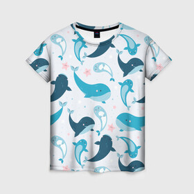 Женская футболка 3D с принтом Киты и тюлени в Курске, 100% полиэфир ( синтетическое хлопкоподобное полотно) | прямой крой, круглый вырез горловины, длина до линии бедер | whale | белый кит | кит | киты | корабли | кораблики | маяк | морские | паттерн | синий кит | чайки