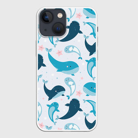 Чехол для iPhone 13 mini с принтом Киты и тюлени в Курске,  |  | Тематика изображения на принте: whale | белый кит | кит | киты | корабли | кораблики | маяк | морские | паттерн | синий кит | чайки
