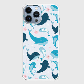 Чехол для iPhone 13 Pro Max с принтом Киты и тюлени в Курске,  |  | Тематика изображения на принте: whale | белый кит | кит | киты | корабли | кораблики | маяк | морские | паттерн | синий кит | чайки