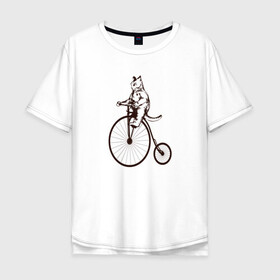 Мужская футболка хлопок Oversize с принтом Винтажный кот на велосипеде в Курске, 100% хлопок | свободный крой, круглый ворот, “спинка” длиннее передней части | Тематика изображения на принте: art | cat | circus | fat cat | grand b | kitten | kitty | penny farthing | pennyfarthing | retro | vintage | арт | велосипед с большим колесом | винтаж | винтажный рисунок | котик | кошка | пенни фартинг | пеннифартинг | ретро | толстый кот |