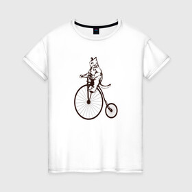 Женская футболка хлопок с принтом Винтажный кот на велосипеде в Курске, 100% хлопок | прямой крой, круглый вырез горловины, длина до линии бедер, слегка спущенное плечо | art | cat | circus | fat cat | grand b | kitten | kitty | penny farthing | pennyfarthing | retro | vintage | арт | велосипед с большим колесом | винтаж | винтажный рисунок | котик | кошка | пенни фартинг | пеннифартинг | ретро | толстый кот |