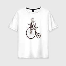 Женская футболка хлопок Oversize с принтом Винтажный кот на велосипеде в Курске, 100% хлопок | свободный крой, круглый ворот, спущенный рукав, длина до линии бедер
 | art | cat | circus | fat cat | grand b | kitten | kitty | penny farthing | pennyfarthing | retro | vintage | арт | велосипед с большим колесом | винтаж | винтажный рисунок | котик | кошка | пенни фартинг | пеннифартинг | ретро | толстый кот |