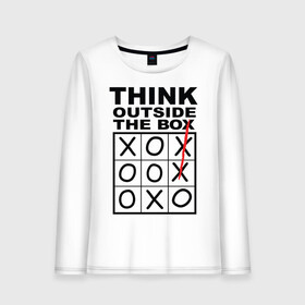 Женский лонгслив хлопок с принтом THINK OUTSIDE THE BOX в Курске, 100% хлопок |  | box | braine | imagine | outside | text | think | word | воображение | думай | комфорт | крестики | надписи | настроение | нолики | текст