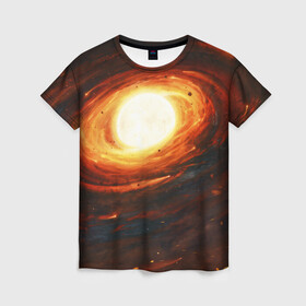 Женская футболка 3D с принтом ГАЛАКТИКА КОСМОС СОЛНЦЕ в Курске, 100% полиэфир ( синтетическое хлопкоподобное полотно) | прямой крой, круглый вырез горловины, длина до линии бедер | space | галактика | звезды | космос | метеориты | огонь | планеты | солнечная система. | солнце