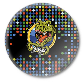 Значок с принтом Динозавр-игрок в Курске,  металл | круглая форма, металлическая застежка в виде булавки | видеоигры | динозавр | игра | монстр | приставка | шарики