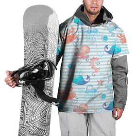 Накидка на куртку 3D с принтом Морские жители в Курске, 100% полиэстер |  | Тематика изображения на принте: whale | белый кит | звезда | кит | киты | конек | краб | медуза | морские | осьминог | паттерн | синий кит