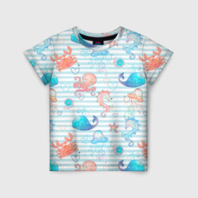 Детская футболка 3D с принтом Морские жители в Курске, 100% гипоаллергенный полиэфир | прямой крой, круглый вырез горловины, длина до линии бедер, чуть спущенное плечо, ткань немного тянется | whale | белый кит | звезда | кит | киты | конек | краб | медуза | морские | осьминог | паттерн | синий кит