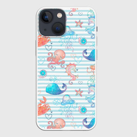 Чехол для iPhone 13 mini с принтом Морские жители в Курске,  |  | whale | белый кит | звезда | кит | киты | конек | краб | медуза | морские | осьминог | паттерн | синий кит