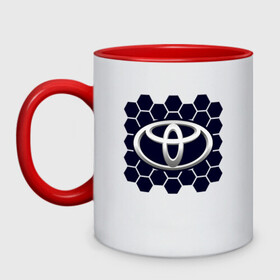 Кружка двухцветная с принтом Toyota - Honeycomb в Курске, керамика | объем — 330 мл, диаметр — 80 мм. Цветная ручка и кайма сверху, в некоторых цветах — вся внутренняя часть | auto | camry | corolla | cruiser | land | logo | moto | rav | supra | toyota | авенсис | авто | автомобиль | камри | королла | крузер | ленд | лого | логотип | логотипы | марка | мото | рав | символ | соты | тойота | шильдик