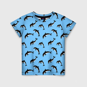 Детская футболка 3D с принтом Дельфины в Курске, 100% гипоаллергенный полиэфир | прямой крой, круглый вырез горловины, длина до линии бедер, чуть спущенное плечо, ткань немного тянется | dolphin | дельфин | дельфины | море | морские | на голубом | с дельфином