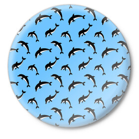 Значок с принтом Дельфины в Курске,  металл | круглая форма, металлическая застежка в виде булавки | dolphin | дельфин | дельфины | море | морские | на голубом | с дельфином