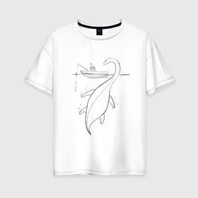 Женская футболка хлопок Oversize с принтом Рыбак и Несси в Курске, 100% хлопок | свободный крой, круглый ворот, спущенный рукав, длина до линии бедер
 | клёв | клюет | лодка | монстр | несси | озеро | рыба | рыбак | рыбалка | сон | удочка | чудовище