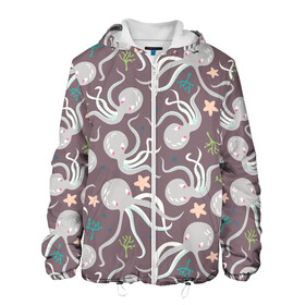 Мужская куртка 3D с принтом Осьминоги в Курске, ткань верха — 100% полиэстер, подклад — флис | прямой крой, подол и капюшон оформлены резинкой с фиксаторами, два кармана без застежек по бокам, один большой потайной карман на груди. Карман на груди застегивается на липучку | cute | octopus | милый | морское | осьминог | осьминожка | паттерн | тентакли | щупальца