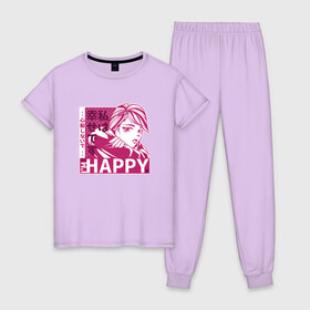 Женская пижама хлопок с принтом Happy Sad Anime Girl Kanji в Курске, 100% хлопок | брюки и футболка прямого кроя, без карманов, на брюках мягкая резинка на поясе и по низу штанин | anime | chibi | cute | girls | happiness | im happy | japan | japanese | kawaii | manga | waifu | анимешник | анимешница | грусть | девочки | девушки | иероглифы | кандзи | лица | манга | настроение | рисунок в стиле аниме | счастье | типичная 