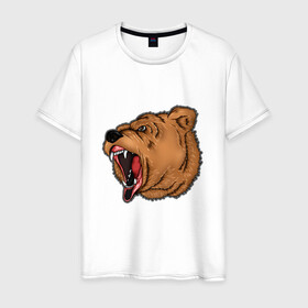 Мужская футболка хлопок с принтом Медведь в Курске, 100% хлопок | прямой крой, круглый вырез горловины, длина до линии бедер, слегка спущенное плечо. | бурый | животное | зверь | медведь | рык | свирепый