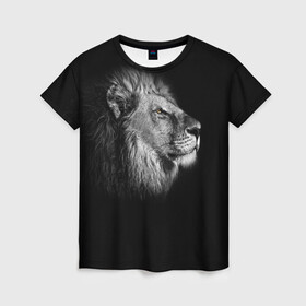 Женская футболка 3D с принтом Царь Зверей в Курске, 100% полиэфир ( синтетическое хлопкоподобное полотно) | прямой крой, круглый вырез горловины, длина до линии бедер | animal | lion | лев | профиль | черно белый
