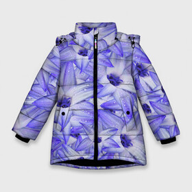 Зимняя куртка для девочек 3D с принтом Синие Цветы в Курске, ткань верха — 100% полиэстер; подклад — 100% полиэстер, утеплитель — 100% полиэстер. | длина ниже бедра, удлиненная спинка, воротник стойка и отстегивающийся капюшон. Есть боковые карманы с листочкой на кнопках, утяжки по низу изделия и внутренний карман на молнии. 

Предусмотрены светоотражающий принт на спинке, радужный светоотражающий элемент на пуллере молнии и на резинке для утяжки. | flowers | букет | синие | флора | цветы