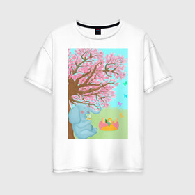 Женская футболка хлопок Oversize с принтом слоненок на пикнике в Курске, 100% хлопок | свободный крой, круглый ворот, спущенный рукав, длина до линии бедер
 | бабочки | весна | дерево | животное | зеленый | корзина | кофе | лето | листья.детская иллюстрация | небо | отдых | рисунок | розовый | сакура | слон | слоненок | фрукты | чай