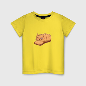 Детская футболка хлопок с принтом Кот хлеб - Bread Cat в Курске, 100% хлопок | круглый вырез горловины, полуприлегающий силуэт, длина до линии бедер | kitten | kitty | meme | memes | puss | pussy | pussycat | батон | булка | булочка | киса | киска | кисуля | кот из мема | котёнок | котик | котята | кошка | мем | мемас | мемчик | не еш подумой | не ешь подумай | нееште меня | 