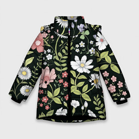 Зимняя куртка для девочек 3D с принтом Полевые цветы в Курске, ткань верха — 100% полиэстер; подклад — 100% полиэстер, утеплитель — 100% полиэстер. | длина ниже бедра, удлиненная спинка, воротник стойка и отстегивающийся капюшон. Есть боковые карманы с листочкой на кнопках, утяжки по низу изделия и внутренний карман на молнии. 

Предусмотрены светоотражающий принт на спинке, радужный светоотражающий элемент на пуллере молнии и на резинке для утяжки. | арт | ночь | поле | полевые цветы | рисунок | ромашка | ромашки | тёмный фон | цветок | цветы | чёрное | яркие цветы | яркий цветок