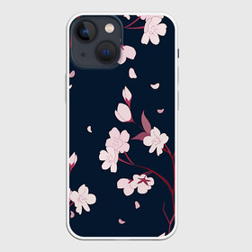 Чехол для iPhone 13 mini с принтом Веточки сакуры в Курске,  |  | арт | ветка | ветки | веточка | веточки | ночь | рисунок | розовые бутоны | розовые цветы | сакура | тёмный фон | цветение | цветение вишни | цветок | цветы | цветы вишни | чёрное | яркие цветы